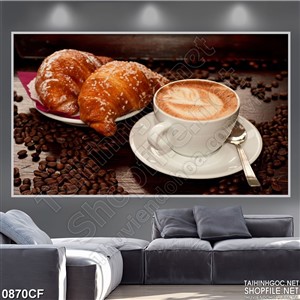 Tranh những chiếc bánh bơ bên tách cà phê cappuccino