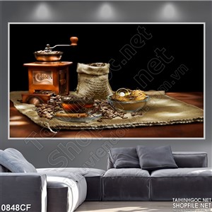 Tranh chiếc bàn đựng nguyên liệu phê chế cà phê