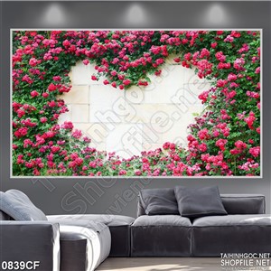 Tranh tường hoa hồng hình trái tim của quán cà phê