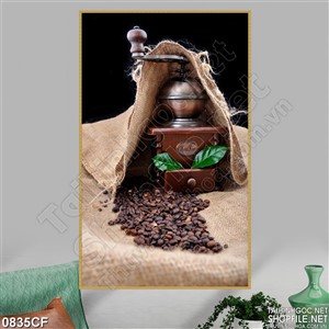Tranh tấm vải bố trên máy xay cà phê treo tường
