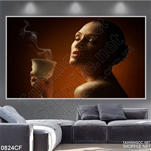 Tranh cô gaái sexy bên ly cà phê nóng 3d