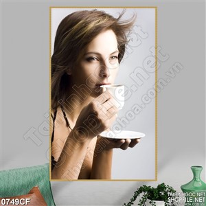 Tranh cô gái thưởng thức tách cà phê