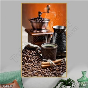Tranh máy xay cà phê bên làn khói trắng