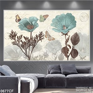 Tranh bông hoa xanh treo tường quán cà phê
