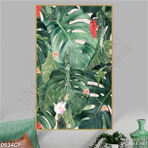 Tranh vườn hoa xanh lá trên tường quán cà phê