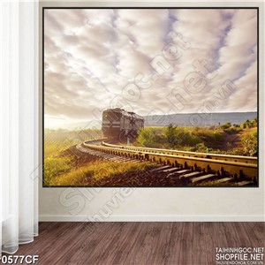 Tranh mây trắng trên đường trang trí quán cà phê 3d