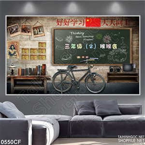 Tranh chiếc xe đạp bên tường quán cà phê in uv