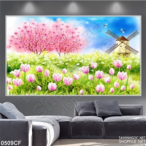 Tranh cối xay gió trên cánh đồng hoa treo tường quán cà phê