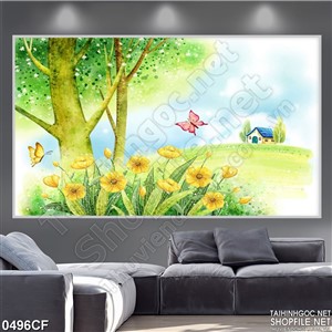Tranh vẽ ngôi nhà nhỏ trên vườn cỏ xanh trong quán cà phê