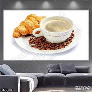 Tranh tách cà phê với chiếc bánh mỳ bơ vàng óng