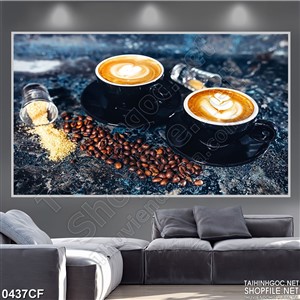 Tranh hai tách cappuccino với những hạt cà phê trên bàn