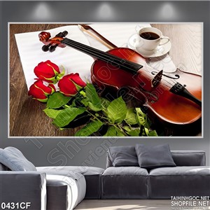 Tranh ly cà phê bên cây vĩ cầm treo tường Tranh ly cà phê bên cây vĩ cầm treo tường