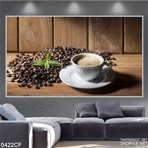 Tranh ly cà phê cappuccino bên ngọn rau húm chanh