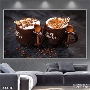 Tranh những chiếc bánh quế trong hai ly cà phê cappuccino