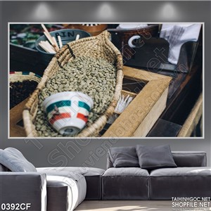 Tranh con thuyền nhỏ chứa hạt cà phê 3d