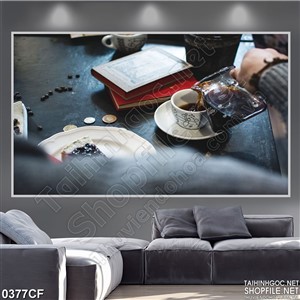 Tranh những cuốn sách bên tách cà phê đen