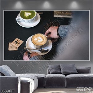 Tranh hai ly cappuccino bọt màu cà phê và màu xanh