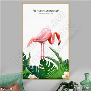 Tranh cò hồng bên lá xanh trên tường quán cà phê