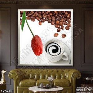 Tranh bông tulip bên những hạt cà phê đen