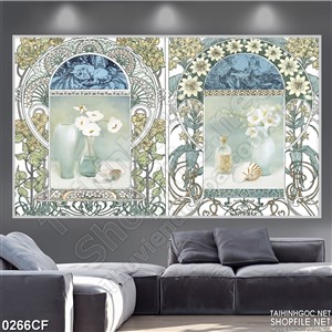 Tranh bình hoa trắng treo tường quán cà phê
