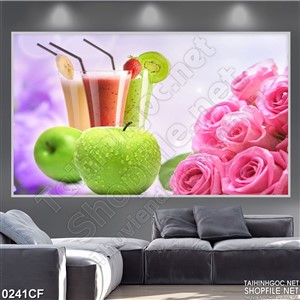 Tranh nhưng ly sinh tố trái cây trong quán cà phê