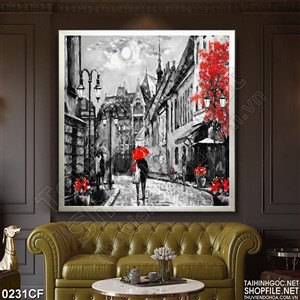 Tranh thành phố cổ trắng đen điểm sắc đỏ của quán cà phê