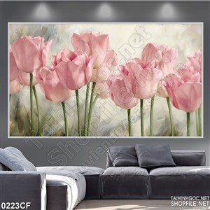 Tranh những bông hoa tulip vẽ trên tường quán cà phê