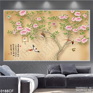 Tranh chim đậu trên cây hoa hồng trong quán cà phê