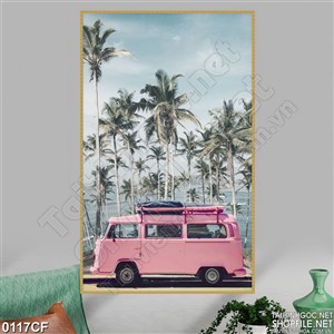 Tranh quán cà phê bên những hàng dừa xanh in uv
