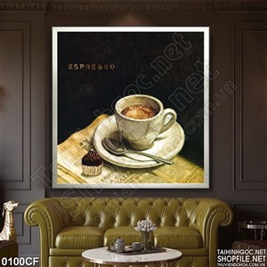 Tranh ly cà phê sữa trên bàn đọc báo