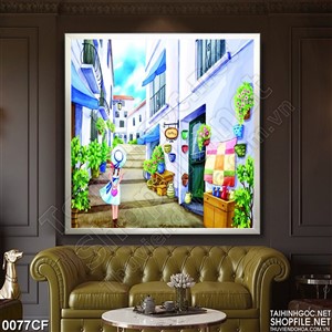 Tranh vẽ quán cà phê màu trắng cao tầng in uv