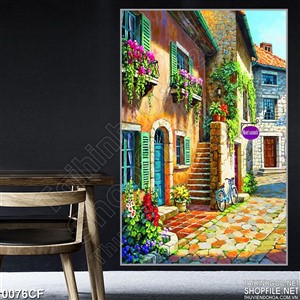 Tranh quán cà phê với phong cách cổ điển đầy hoa tươi