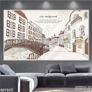 Tranh decor quán cà phê thành phố trên bức tường