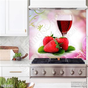 Tranh psd bếp ly rượu vang bên trái dâu tây