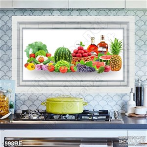 Tranh bàn tiệc đầy trái cây và rượu psd bếp