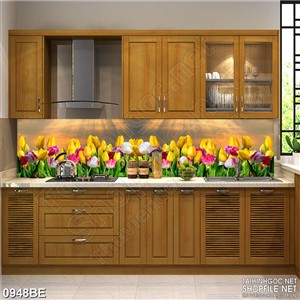 Tranh psd bếp bình minh trên vườn hoa tulip