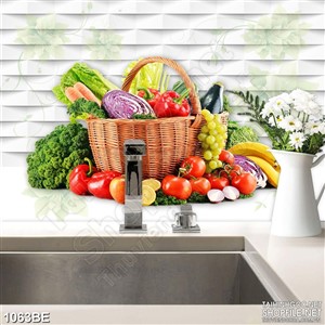 Tranh psd bếp giỏ rau củ tươi trên bàn