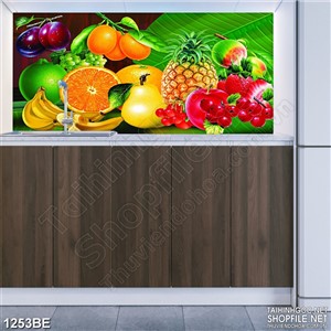 Tranh psd bếp trái cây tươi bên tàu lá chuối