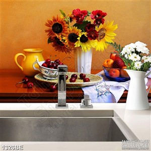 Tranh treo bếp chiếc bàn đầy hoa và trái cây