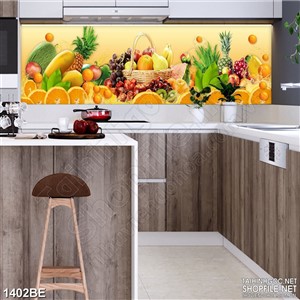 Tranh psd bếp chiếc bàn chứa đầy trái cây tươi