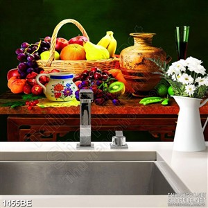 Tranh chiếc bàn gỗ đầy trái cây tươi treo bếp