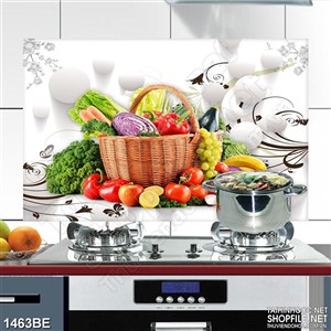 Tranh psd bếp giỏ rau quả tươi xanh