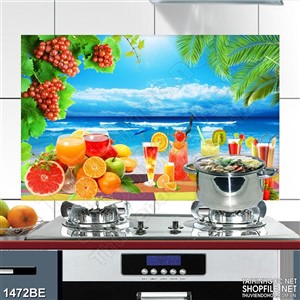 Tranh psd bếp chiếc bàn nước trái cây trên bờ biển