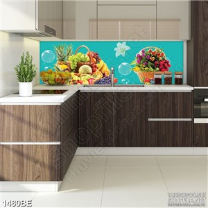 Tranh psd bếp giỏ trái cây tươi ngon trên bàn