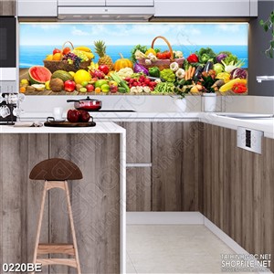 Tranh psd bếp bàn trái cây trên bờ biển