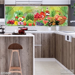 Tranh bếp trái cây tươi bên rượu vang