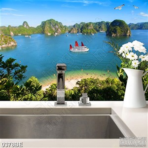 Tranh treo bếp con thuyền trên hòn đảo xanh