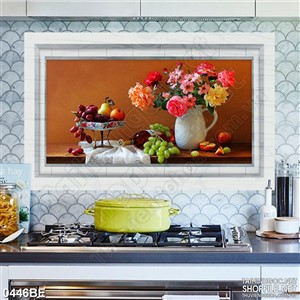 Tranh treo bếp chiếc bàn ăn đầy hoa và trái cây