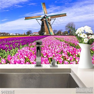 Tranh cối xay gió trên cánh đồng tulip 3d