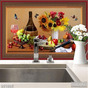 Tranh psd bếp hoa rượu và trái cây